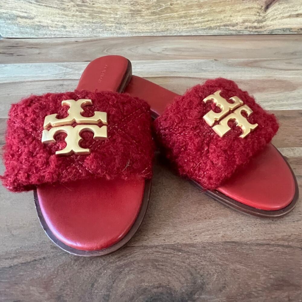 New 7 TORY BURCH SANDAL METAL LOGO ELEANOR SLIDES RED bouclé luxury designer